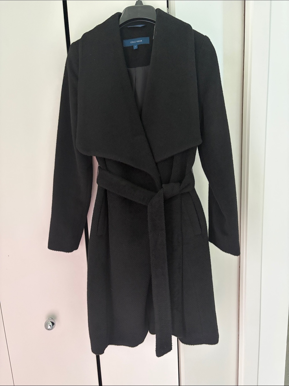 Cole Haan Black Belted Wrap Trench Coat wool size 6